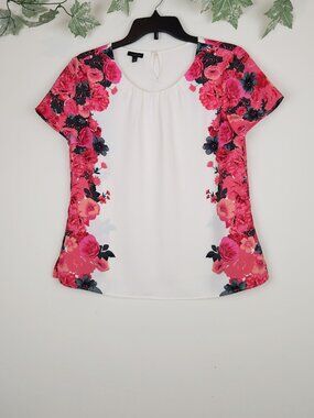 Talbots Women's Size 8 Floral Cream Pink Pleated Neck Short Sleeve Top Blouse